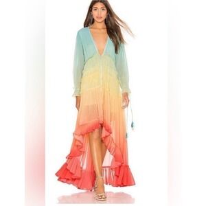 Linjia Shop Ombre Rainbow Ruffle Hi-Lo Maxi Dress Small Pastel Boho Festival NWT